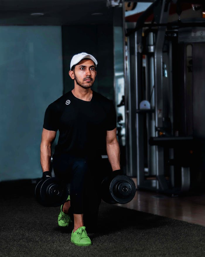 Guy doing dumbbell lunges for muscle building workout